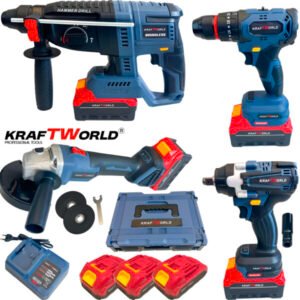 Комплект Акумулаторни Безчеткови Машини 4в1 от Ъглошлайф,Гайковерт,Винтоверт и Перфоратор