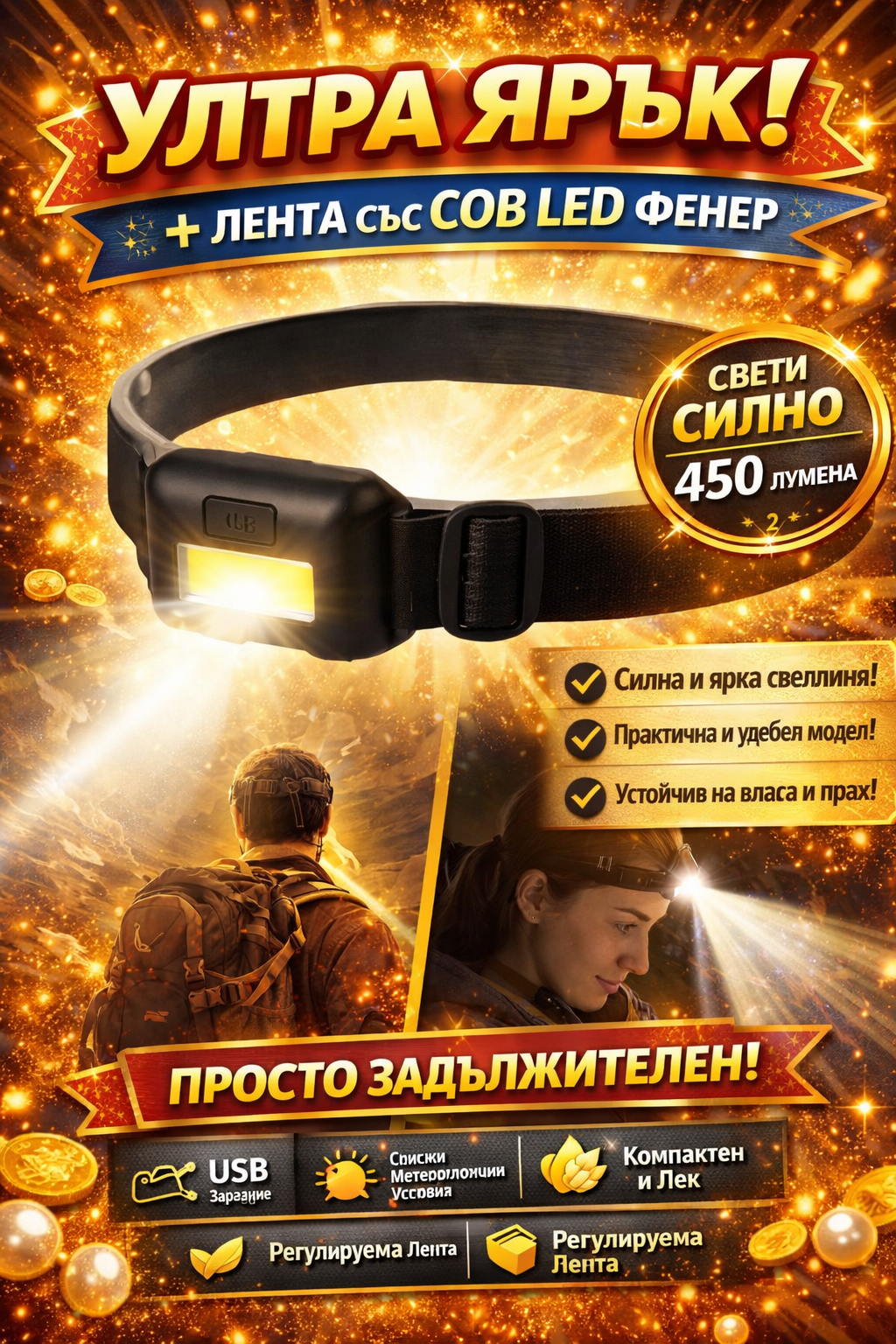 Мини COB челник – лек и удобен фенер за риболов, къмпинг и ремонти
